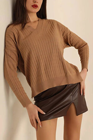 Kadın V Yaka Oversize Basic Kare Desenli Fitilli  Triko Kazak - 6542