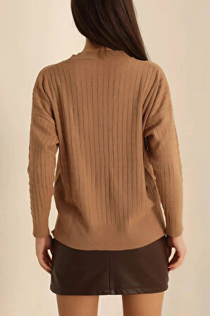 Kadın V Yaka Oversize Basic Kare Desenli Fitilli  Triko Kazak - 6542