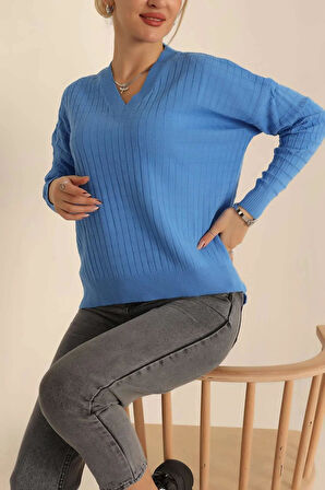 Kadın V Yaka Oversize Basic Kare Desenli Fitilli  Triko Kazak - 6542