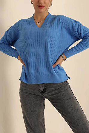 Kadın V Yaka Oversize Basic Kare Desenli Fitilli  Triko Kazak - 6542