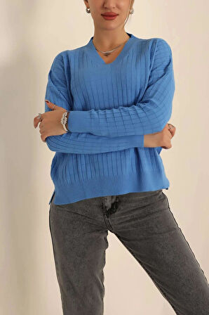 Kadın V Yaka Oversize Basic Kare Desenli Fitilli  Triko Kazak - 6542