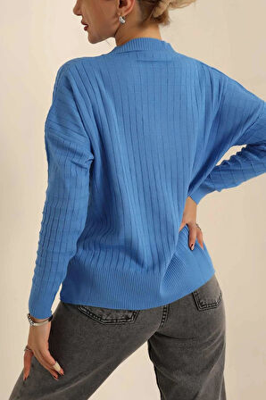 Kadın V Yaka Oversize Basic Kare Desenli Fitilli  Triko Kazak - 6542