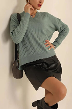 Kadın V Yaka Oversize Basic Kare Desenli Fitilli  Triko Kazak - 6542