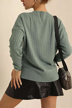 Kadın V Yaka Oversize Basic Kare Desenli Fitilli  Triko Kazak - 6542