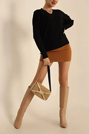 Kadın V Yaka Oversize Basic Kare Desenli Fitilli  Triko Kazak - 6542