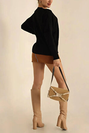 Kadın V Yaka Oversize Basic Kare Desenli Fitilli  Triko Kazak - 6542