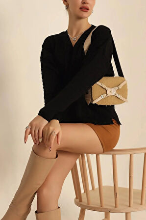 Kadın V Yaka Oversize Basic Kare Desenli Fitilli  Triko Kazak - 6542