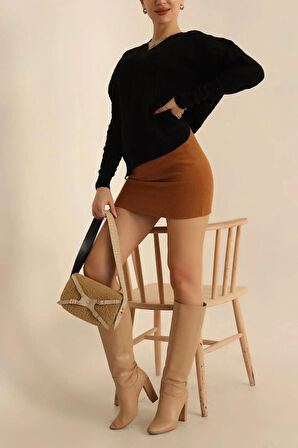 Kadın V Yaka Oversize Basic Kare Desenli Fitilli  Triko Kazak - 6542