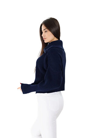 Kadın Fermuarlı oversize Devrik Yaka Triko Hırka