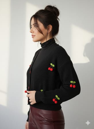Kadın V Yaka Pinterest Kiraz Aksesuarlı Örme Triko Hırka