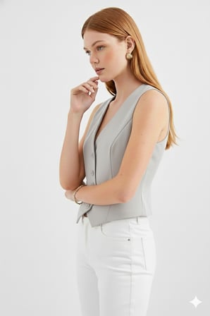 Kadın Kruvaze Kesim Slim Fit V Yaka Düğme Detaylı Yelek