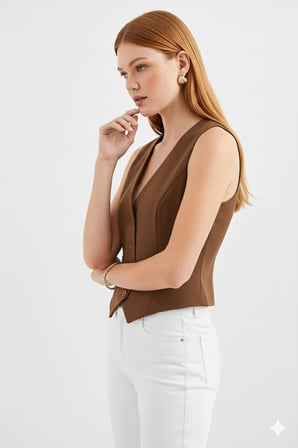Kadın Kruvaze Kesim Slim Fit V Yaka Düğme Detaylı Yelek