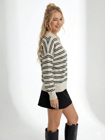 Kadın Çizgili Oversize Kesim Polo Yaka  Trend Triko Kazak 2594
