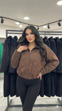 Kadın Kahverengi Astarlı Gömlek Yaka Etnik Desenli Mevsimlik Bomber Süet Crop Mont D99786