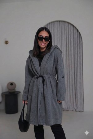 Kadın Kapüşonlu Balık Sırtı Desenli Astarlı Belden Bağlamalı Oversize Kaşe Kaban D99852