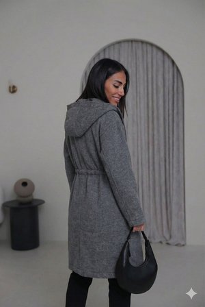 Kadın Kapüşonlu Balık Sırtı Desenli Astarlı Belden Bağlamalı Oversize Kaşe Kaban D99852