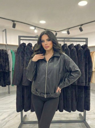 Kadın Oversize Gömlek Yaka Fermuarlı İçi Astarlı Beli Kemer Detaylı Çift Cepli Crop Deri Mont 4875