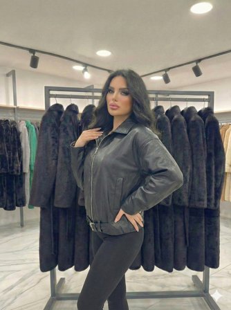 Kadın Oversize Gömlek Yaka Fermuarlı İçi Astarlı Beli Kemer Detaylı Çift Cepli Crop Deri Mont 4875