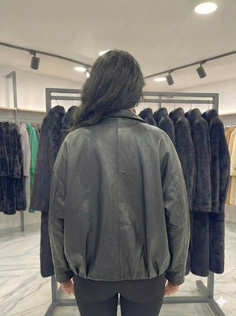 Kadın Oversize Gömlek Yaka Fermuarlı İçi Astarlı Beli Kemer Detaylı Çift Cepli Crop Deri Mont 4875