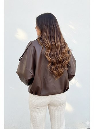 Kadın Oversize Gömlek Yaka Fermuarlı İçi Astarlı Beli Kemer Detaylı Çift Cepli Crop Deri Mont 4875