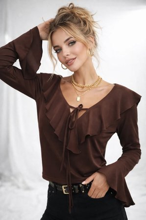 Kadın V Yaka Fırfır Detaylı Uzun Kollu Crop Trend Bluz 979