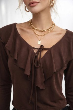 Kadın V Yaka Fırfır Detaylı Uzun Kollu Crop Trend Bluz 979