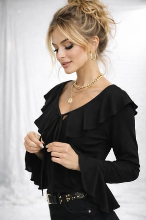 Kadın V Yaka Fırfır Detaylı Uzun Kollu Crop Trend Bluz 979