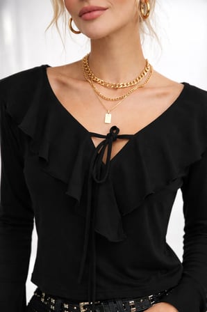 Kadın V Yaka Fırfır Detaylı Uzun Kollu Crop Trend Bluz 979