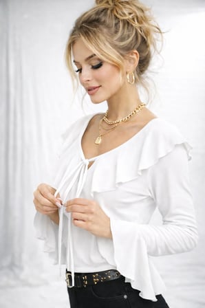 Kadın V Yaka Fırfır Detaylı Uzun Kollu Crop Trend Bluz 979
