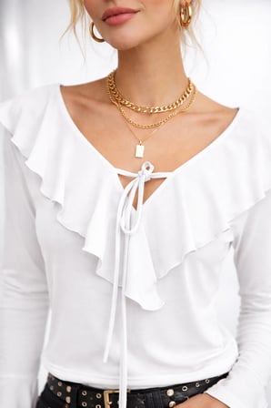 Kadın V Yaka Fırfır Detaylı Uzun Kollu Crop Trend Bluz 979
