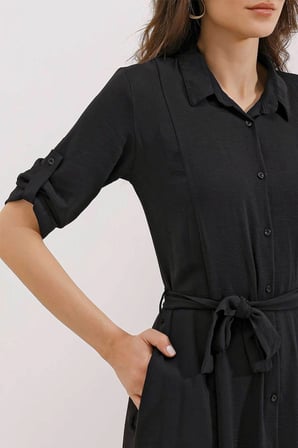Kadın Gömlek Yaka Beli Kuşaklı Düğme Kapamalı Düz Trend Gömlek Elbise 2442