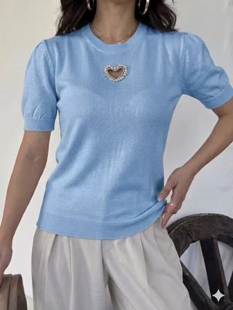 Kadın Bisiklet Yaka  Kısa Kollu Taşlı Kalp İşlemeli Triko T-Shirt 4295
