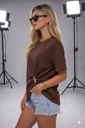 Kadın Bisiklet Yaka Kısa Kollu Gold Yan Toka Detaylı T-Shirt 5035