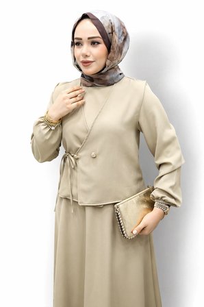 Kadın Dabıl LYCRA Düğme Detaylı Yandan Bağlamalı Elbise Yelekli Takım 2120 