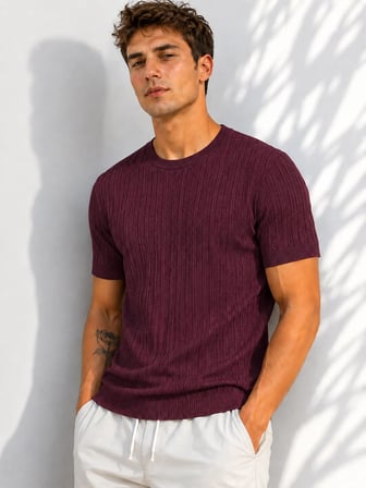 Erkek Bisiklet Yaka Kısa Kollu Esnek Örme Triko T-Shirt 26091