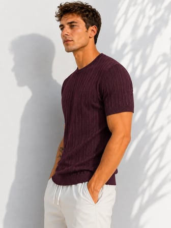Erkek Bisiklet Yaka Kısa Kollu Esnek Örme Triko T-Shirt 26091