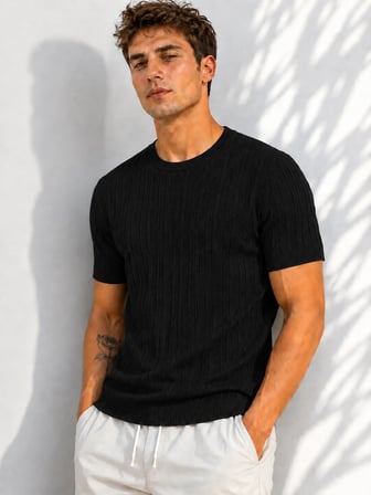 Erkek Bisiklet Yaka Kısa Kollu Esnek Örme Triko T-Shirt 26091