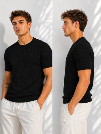 Erkek Bisiklet Yaka Kısa Kollu Esnek Örme Triko T-Shirt 26091