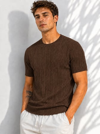 Erkek Bisiklet Yaka Kısa Kollu Esnek Örme Triko T-Shirt 26091