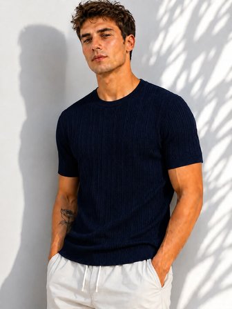 Erkek Bisiklet Yaka Kısa Kollu Esnek Örme Triko T-Shirt 26091