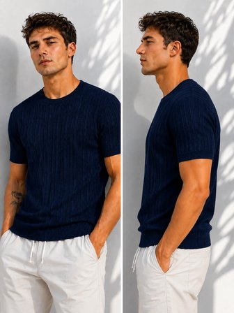 Erkek Bisiklet Yaka Kısa Kollu Esnek Örme Triko T-Shirt 26091