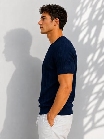 Erkek Bisiklet Yaka Kısa Kollu Esnek Örme Triko T-Shirt 26091