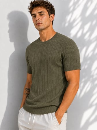 Erkek Bisiklet Yaka Kısa Kollu Esnek Örme Triko T-Shirt 26091