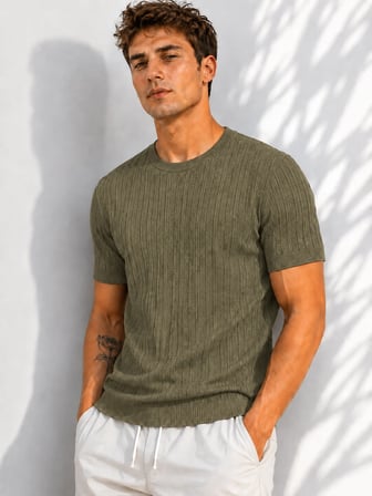 Erkek Bisiklet Yaka Kısa Kollu Esnek Örme Triko T-Shirt 26091