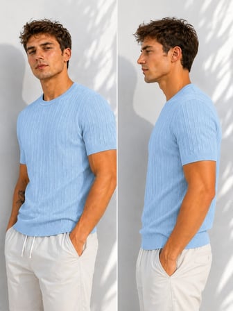 Erkek Bisiklet Yaka Kısa Kollu Esnek Örme Triko T-Shirt 26091