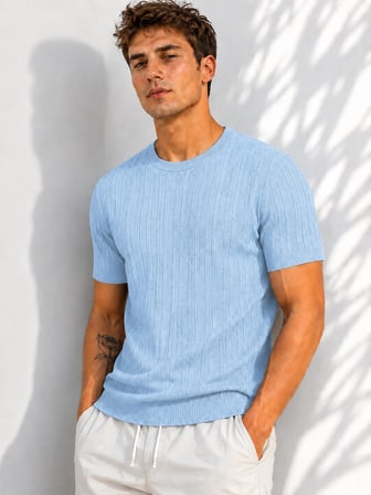Erkek Bisiklet Yaka Kısa Kollu Esnek Örme Triko T-Shirt 26091