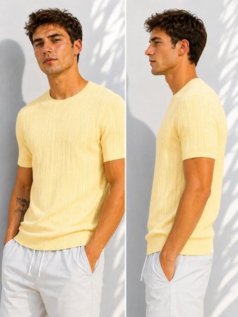 Erkek Bisiklet Yaka Kısa Kollu Esnek Örme Triko T-Shirt 26091
