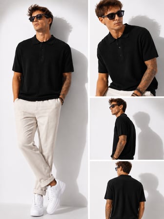 Erkek Kısa Kollu Fitilli Yarım Düğme Kapama Polo Yaka T-Shirt 26001