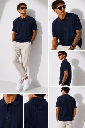 Erkek Kısa Kollu Fitilli Yarım Düğme Kapama Polo Yaka T-Shirt 26001