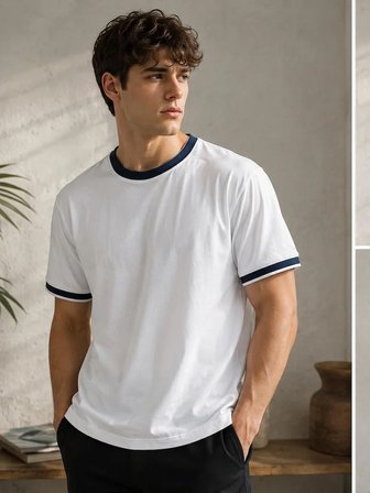 Erkek Kısa Kollu Bisiklet Yaka  Şerit Detaylı Düz Renk T-Shirt 4224